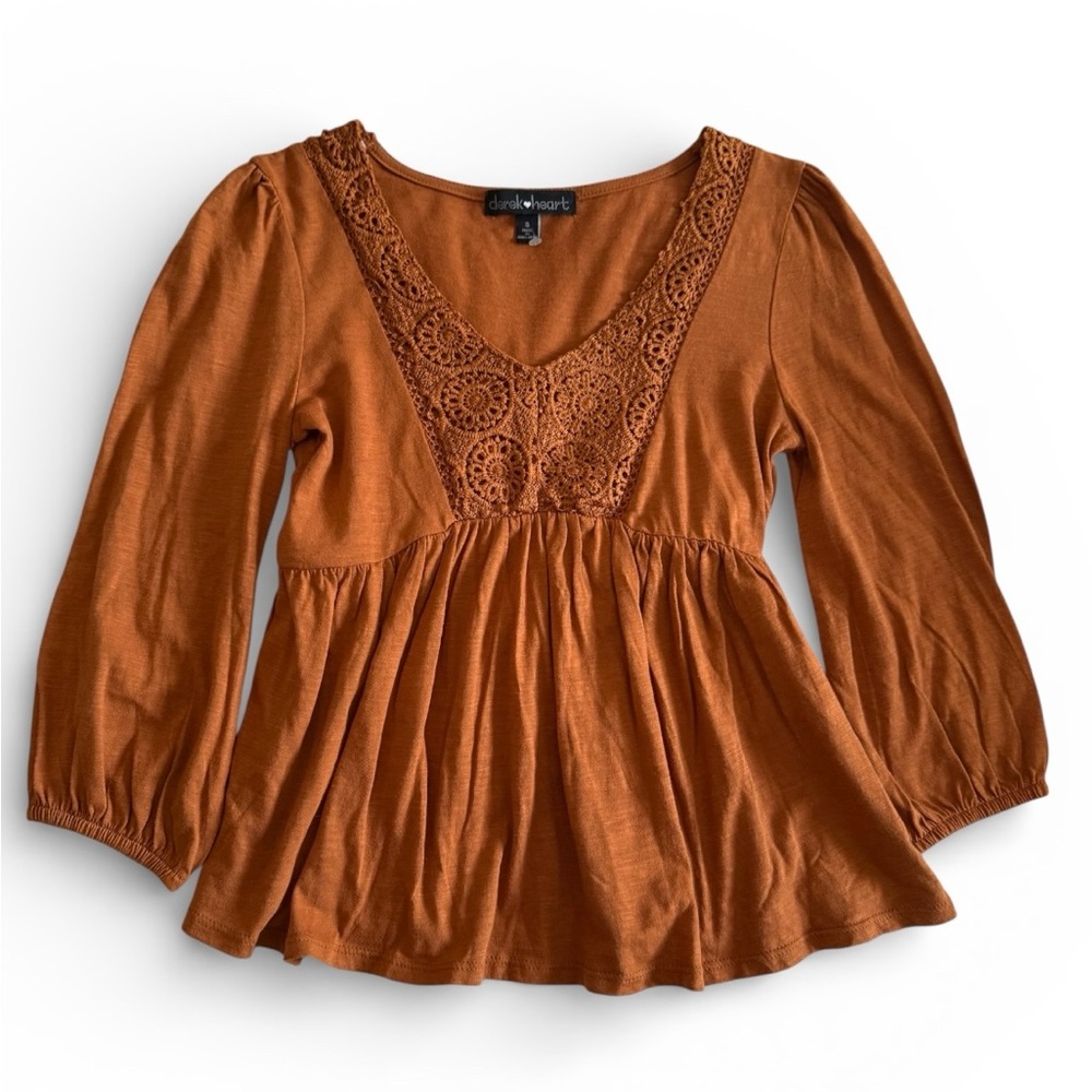 Derek Heart Burnt Orange Crochet Trim Peplum Tunic